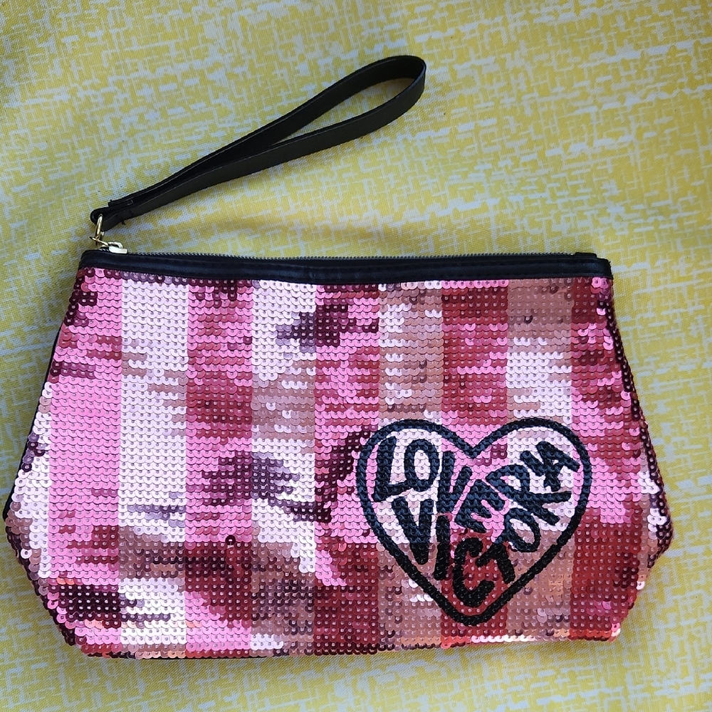 Victoria's Secret Pink Sequin Wristlet Clutch with Heart Logo